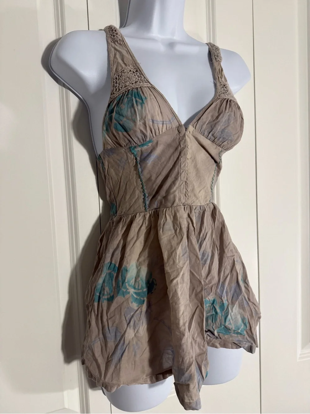 Free People Taupe Top with Teal Floral Accents